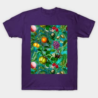 Vibrant tropical floral leaves and fruits floral illustration, botanical pattern, Turquoise Blue fruit pattern over a T-Shirt